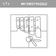 Education paper game for preshool children. Vector illustration. Cartoon xylophone. My first puzzle and coloring page