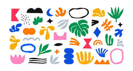 Colorful organic shape doodle collection. Funny basic shapes, random childish doodle cutouts of tropical leaf, hand and decorative abstract art on isolated background.