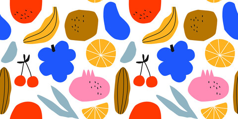 Funny tropical fruit drawing seamless pattern cartoon in colorful childish doodle style.
