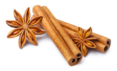 Delicious cinnamon and star anise, isolated on white