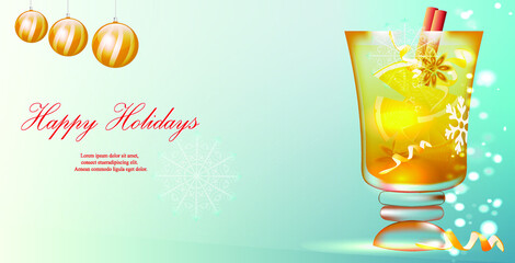 Holiday greetings.Traditional drink for winter holidays. Mulled wine with citrus and spices.