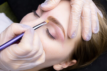 the eyebrow lamination master holds the model's eyebrow and applies a toning cream to redness
