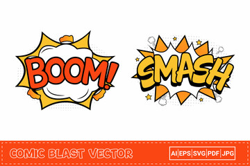 Boom comic blast with red, white, and yellow color. Smash comic explosion with yellow and white color. Comic burst with colorful boom and smash. Boom explosion bubbles for cartoon speeches.
