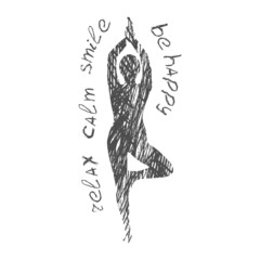 Isolated woman silhouette stands in a yoga pose.  Vector sign of stands  at yoga pose man in sketch style for your web site design, logo, app, UI.  EPS10. 