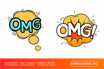 OMG comic explosion with yellow and blue color. OMG comic blast with orange, yellow, and white colors. Comic burst explosion with stars. OMG explosion bubbles for cartoon speeches.