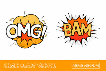 Bam comic explosion with yellow and red color. OMG comic blast with orange, yellow, and white colors. Comic burst explosion with stars. Bam explosion bubbles for cartoon speeches. OMG cloud bubble.