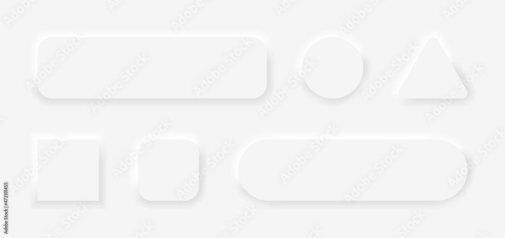 Poster neumorph button. 3d circle, square, triangle neumorph button with shadow. badge for ui isolated on w