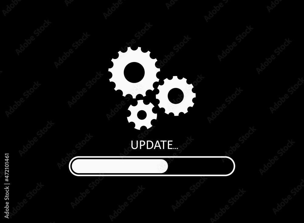 Poster upgrade of software. update icon. load and install of app on computer. time and progress of update. 