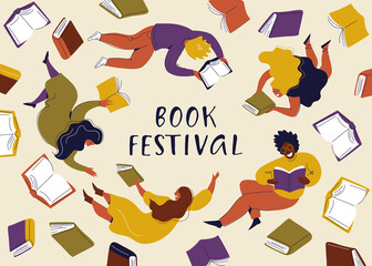 Banner for book festival. Open books and flying people. Vector minimalist background. Design template for a library, education theme. A person is reading a book.