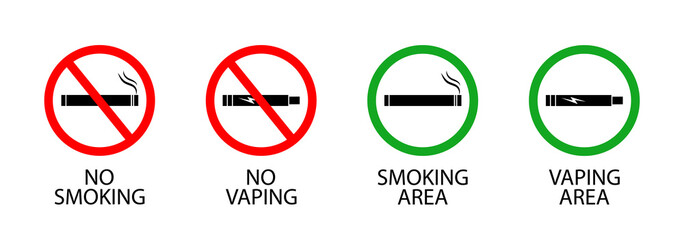 Smoke and vape sign for stop or allow. Icon of ban area and allow zone of smoke cigarette or e cigarette. Circle pictogram symbol for smoker in room, office. Signboard in public place. Vector