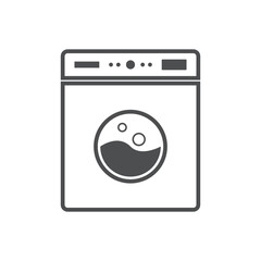 Wash machine. Icon of laundry. Logo of wash service. Symbol of washing, clean, dryer. Laundromat of clothes. Full drum and whirlpool of clothing. Outline sign for label, signage. Vector