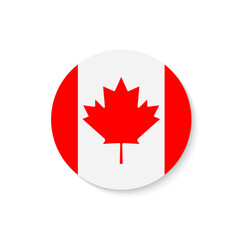 Canada flag. Circle flag of canada. Round canadian icon with shadow isolated on white background. Official symbol with red maple leaf. Banner for north america country. Vector
