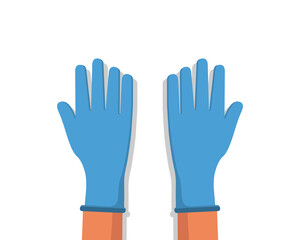 Hand of doctor in blue latex glove. Surgical rubber glove for protection from covid. Disposable medical plastic gloves for safety in hospital. Arm of surgeon or lab worker. Symbol of health. Vector