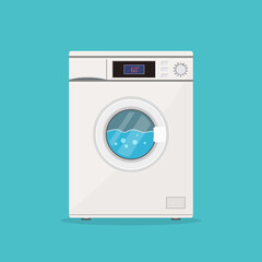 laundry. Icon of wash machine. Close washer. Wash machine with drum, window, door, button and item panel. Washingmachine with detergent in laundering process. Home equipment in front. Vector