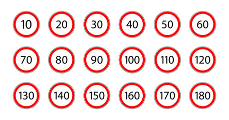 Speed limit sign for car. Set of road sign with restriction of speed of 50, 60, 90, 20, 80, 120, 130, 70, 30, 100, 40, 10, 110, 140, 160, 180 km. Icon for traffic on city or highway. Vector