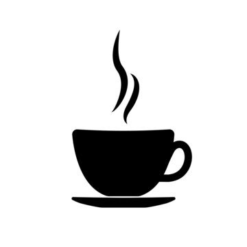 Coffee cup. Icon of mug of hot coffee or tea with steam. Black pictogram for cafe. Symbol of espresso, caffeine, latte and mocha. Logo for restaurant and shop. Aroma drink. Vector