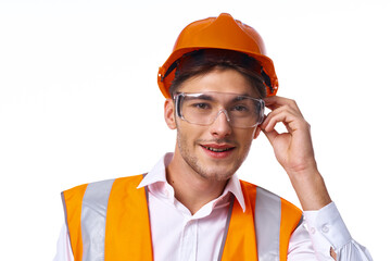 man in work uniform orange helmet safety professional work