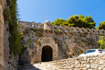 Rethymno Greece Crete. Walk around the old resort town Rethymno in Greece. Architecture and Mediterranean attractions on island Crete. Narrow touristic street in the tourist routes