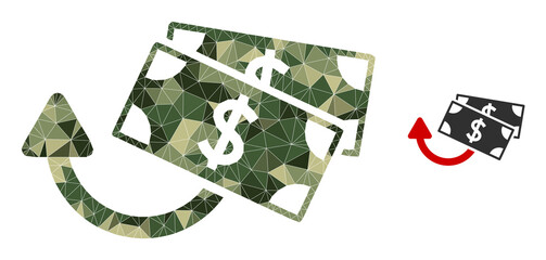 Camouflage triangle mosaic dollar banknotes refund icon. Low-poly dollar banknotes refund icon is combined of random khaki color triangle parts.