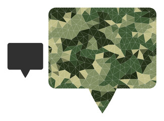 Camouflage lowpoly mosaic banner icon. Lowpoly banner pictogram is designed of random khaki color triangles. Vector banner pictogram designed in camouflage army style.