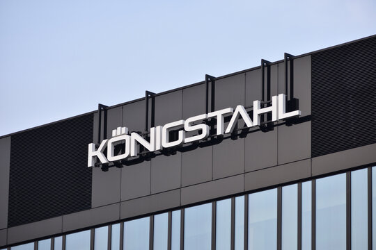 KONIGSTAHL (konig Stahl) logo, signage on the facade of steeel fabricator. WARSAW, POLAND - NOVEMBER 28, 2021