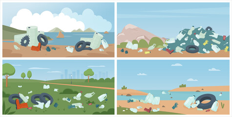 Beach with garbage trash, dirty nature environment set vector illustration. Cartoon polluted scenery of summer city park, river ocean or sea coast with plastic waste pollution problem background