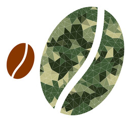 Camouflage lowpoly mosaic coffee bean icon. Lowpoly coffee bean icon designed from chaotic camouflage filled triangle parts. Vector coffee bean icon created in camo military style.