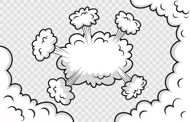 Comic background with speed clouds. Funny smoke shapes in pop art style. Cartoon bomb explosion. Retro frame with balloons and wind. Sky air banner. Speech bubble element. Vector illustration.