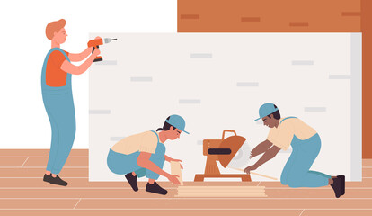 House repair building work vector illustration. Cartoon professional worker holding, laying floor parquet tile, working with miter saw and drill, handyman characters with construction tools background