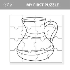 Easy educational paper game for kids. Simple kid application with Funny Clay Pot. Puzzle with jug. My first puzzle and coloring page