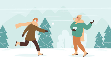 Couple people play snowballs fun game in winter snow landscape vector illustration. Cartoon friend characters playing outdoors, enjoying frost cold weather in park. Winter healthy activity concept