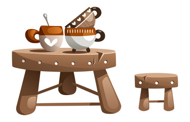 Illustration of a table with a lot of dirty dishes on it.