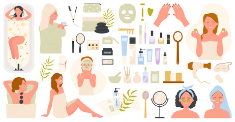 Cosmetic beauty procedure for skin care set vector illustration. Cartoon skincare hygiene routine for face and body collection, spa products in packages isolated on white. Cosmetology concept