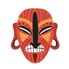 Tribal mask idol, aborigine tribe ethnic culture vector illustration. Cartoon aztec mask on head, ancient face masque for traditional native ceremony isolated on white
