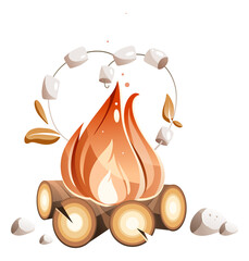 Illustration of a campfire with baked marshmallows on a twig.