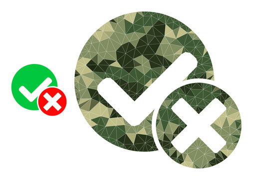 Camouflage triangle mosaic false positive icon. Lowpoly false positive icon combined from chaotic camouflage colored triangle parts. Vector false positive icon created in camouflage military style.