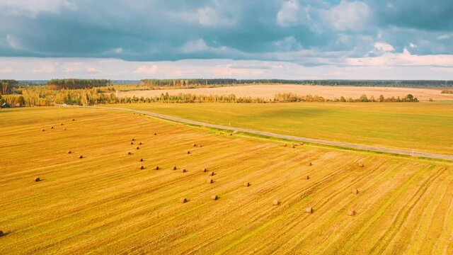 Rural Landscape Field With Hay Bales Rolls After Harvest. Time Lapse Timelapse Time-lapse. Aerial View Of Hay Field Landscape. Hyper lapse. Motion Lapse