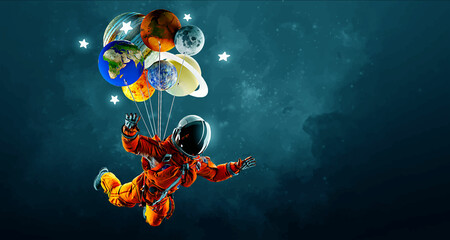 Astronaut with balloons and planets on the background of the space. Vector illustration - obrazy, fototapety, plakaty