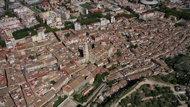 Jativa ,Valencia, Spain, Europe Aerial 4K video from drone to Spanish town of Xativa on background of Roman Catholic Basilica. (Series)