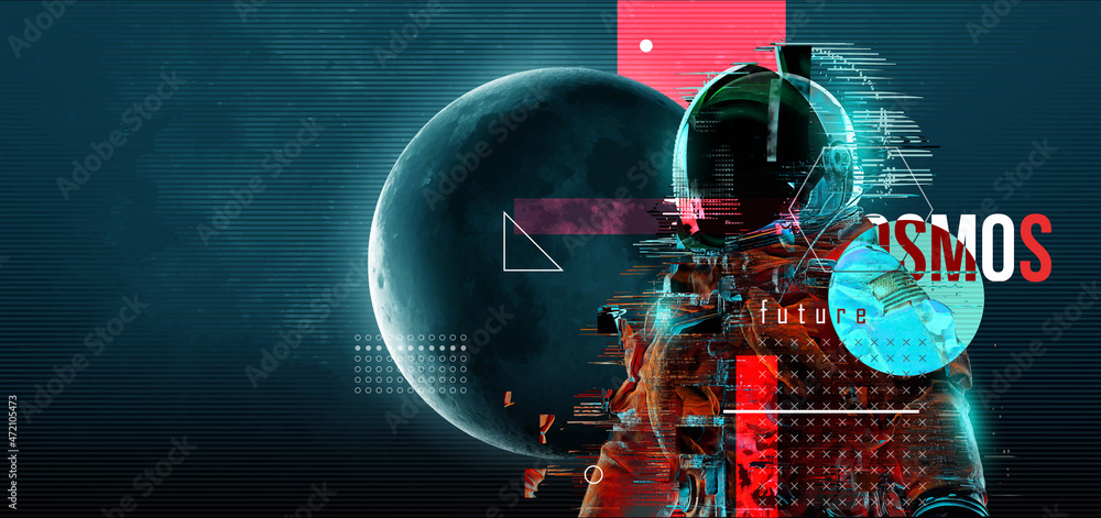 Wall mural glitch astronaut on the background of the moon and space. digital pixel noise abstract design. vecto