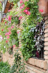 Brick wall decorated with flower pots full of flowers