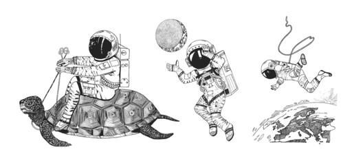 Astronaut spaceman flies to planet Earth. Turtle and moon. Astronomical galaxy space. Funny cosmonaut explore adventure. Engraved hand drawn in old sketch. 
