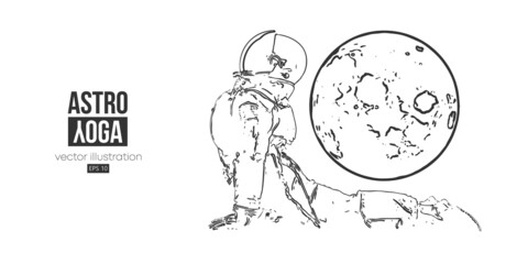Astronaut doing yoga on the background of the mars and space. Yoga exercises. Vector illustration