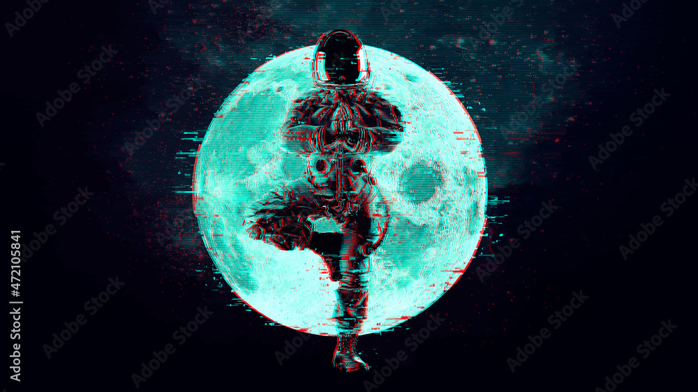 Wall mural glitch astronaut on the background of the moon and space. digital pixel noise abstract design. vecto