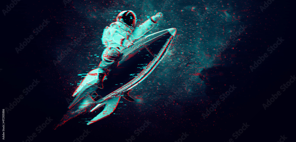 Wall mural glitch astronaut on the background of the moon and space. digital pixel noise abstract design. vecto