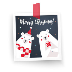 Photo frame with white borders and sticker. Two cartoon characters polar white bears. New year and christmas 2021 2022 postcard banner design. Metallic calligraphic text