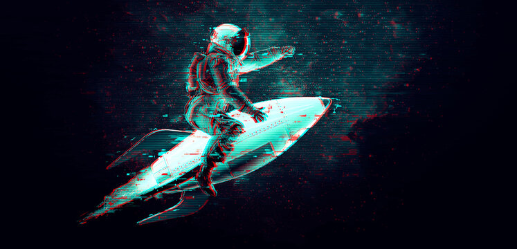 Glitch astronaut on the background of the moon and space. Digital pixel noise abstract design. Vector illustration © Yevheniia