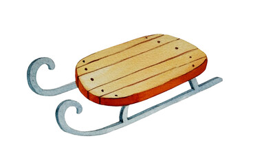 Cute children's sled for skiing down the mountain in winter. Watercolor illustration.