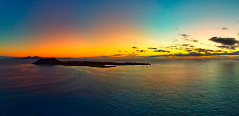 Beautiful sunrise panoramic view over Isla de Lobos Fuerteventura