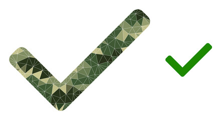 Camouflage low-poly mosaic accept tick icon. Low-poly accept tick icon is combined from randomized camo filled triangle parts. Vector accept tick icon in camo military style.